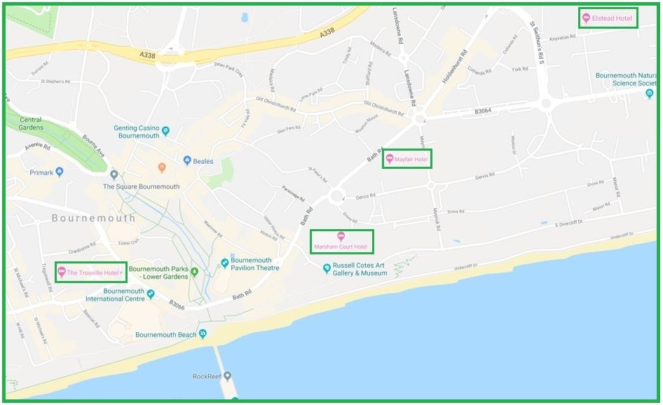 Map Of Bournemouth Hotels Hotels In Bournemouth For Bowls Tours | Bowlaway